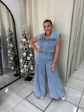 Denim WideLeg Pleats Jumpsuit