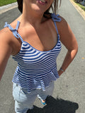 White Blue Striped Peplum Top