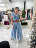 Denim WideLeg Pleats Jumpsuit