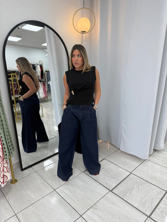 DarkDenim Pleated WideLeg Jeans