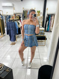 Denim Effect Strapless Top & Skort Set