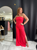 Red Slit Wide Leg Jumpsuit