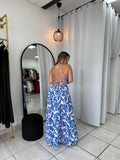 White & Floral Blue Backless Dress