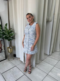 BlueMulti Tweed ButtonFront Dress