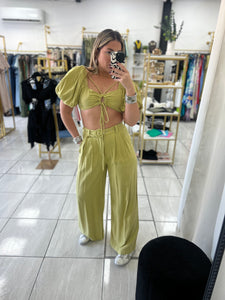 Lime CutOut Crop & Belted Pants