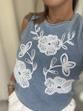 Light Denim Sleeveless Embroidered Top