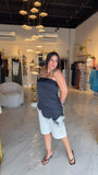 Navy Strapless Satin Lace Top