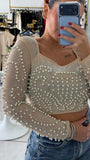 Nude Mesh Pearls Rhinestones Top
