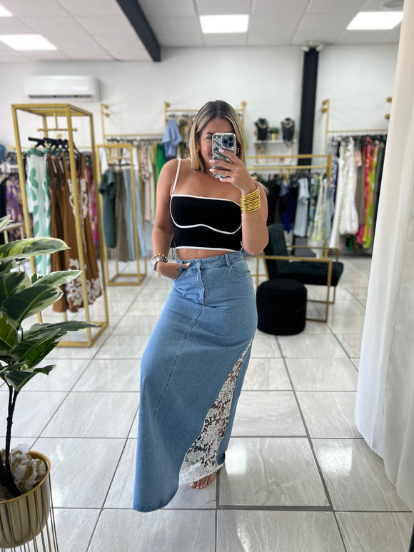 Denim Maxi Skirt Lace