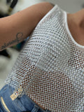 White Rhinestones Mesh Top