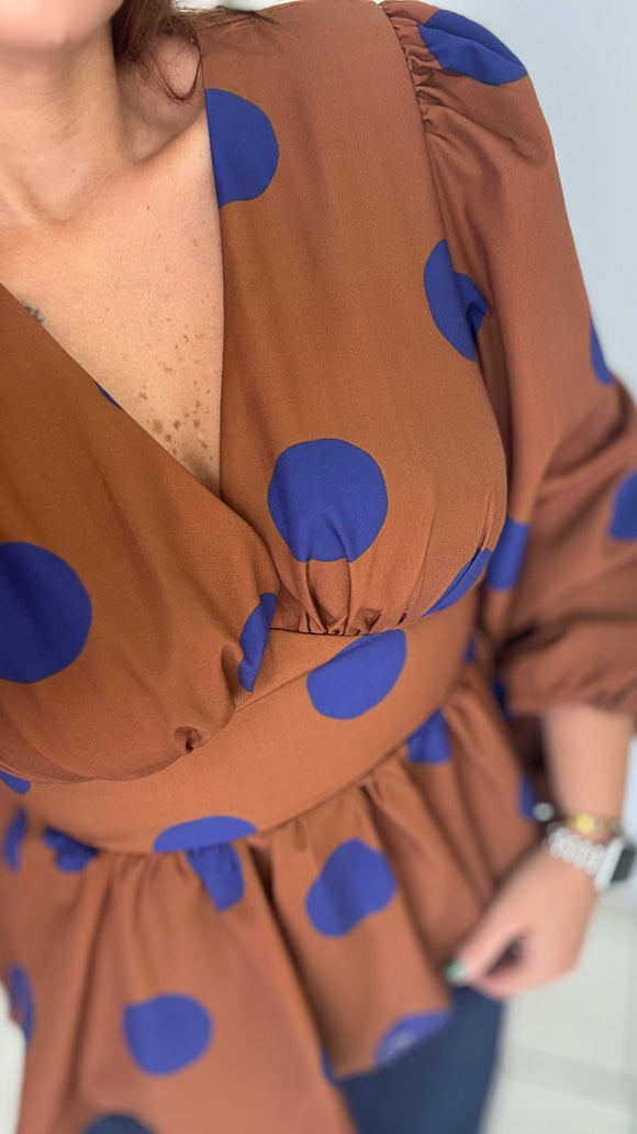Brown Blue Dots VNeck Top