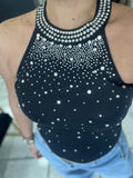 Black HighNeck Rhinestones Top