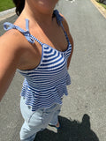 White Blue Striped Peplum Top