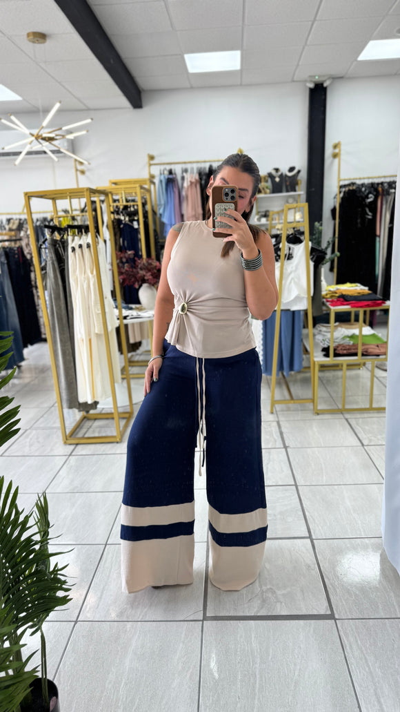 Navy Taupe Belted Wide Pants