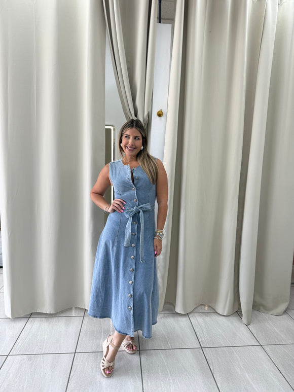 LightDenim Buttons Midi Dress