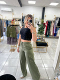 Olive Satin Drawstring Cargo Pants