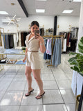 Beige Belted VNeck Romper