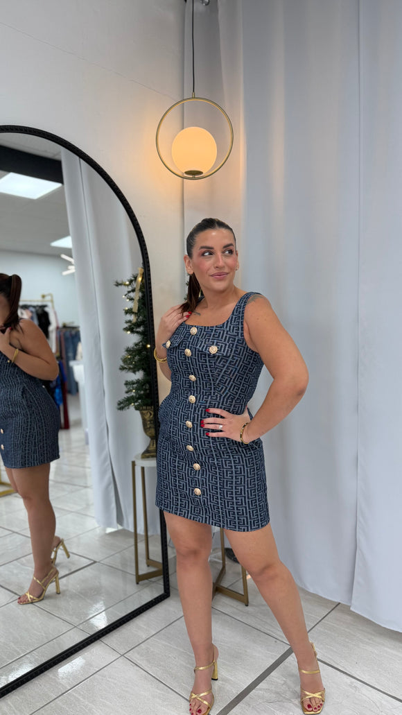 green emerald velvet dress Short Gold Button Denim Dress-Indigo