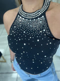 Black HighNeck Rhinestones Top