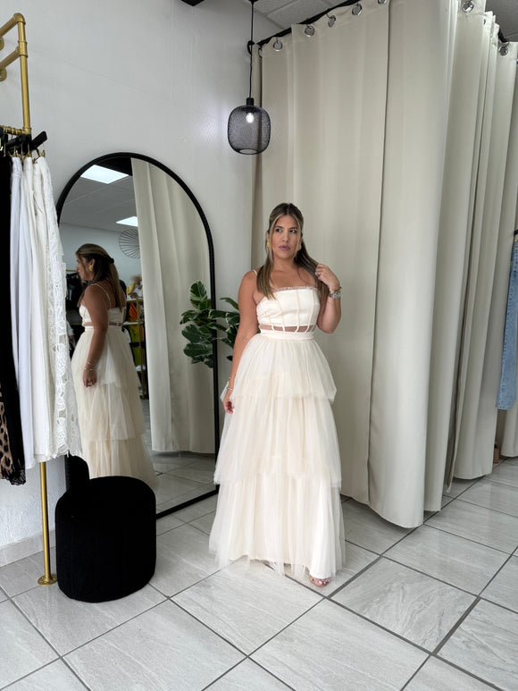Cream TulleMesh Maxi Dress