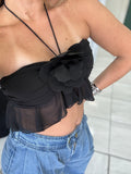Black Petal Halter Ruffle Top