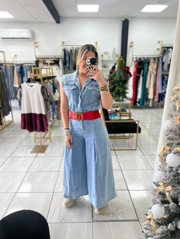 Denim WideLeg Pleats Jumpsuit