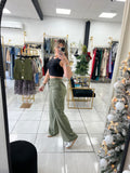 Olive Satin Drawstring Cargo Pants