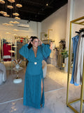 Teal Wrap Collar Maxi Dress