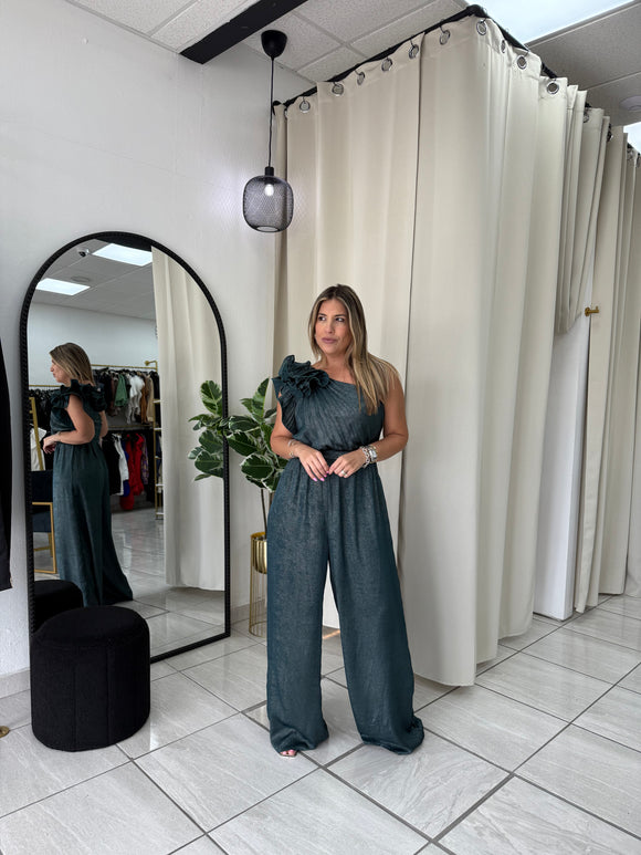 HunterGreen Pleated OneShoulder Jumpsuit