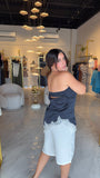 Navy Strapless Satin Lace Top