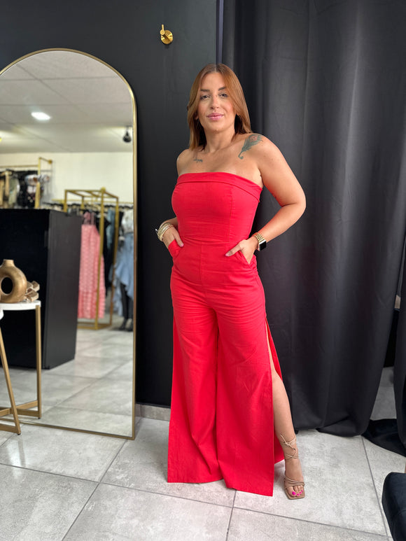 Red Slit Wide Leg Jumpsuit