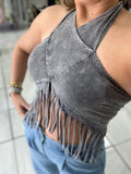 Grey Wash Fringes Top