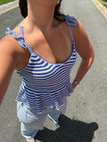 White Blue Striped Peplum Top