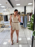 Beige Belted VNeck Romper
