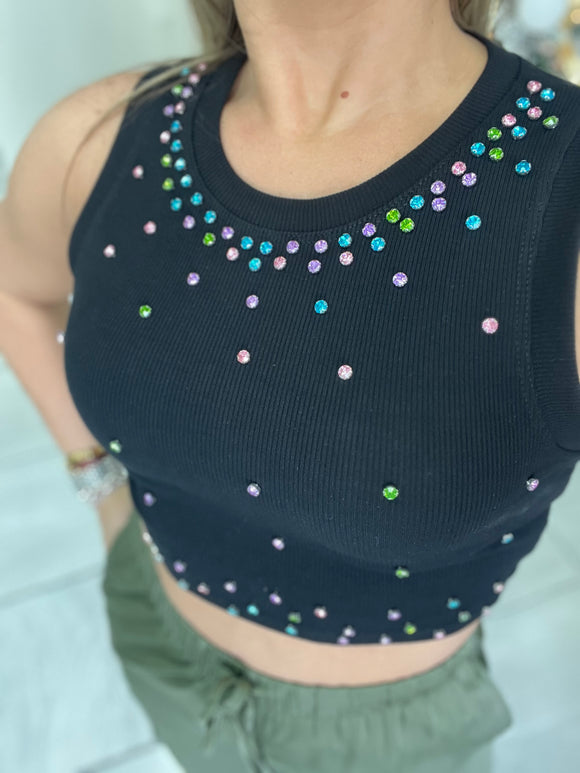 Black MultiRhinestones Crop Top