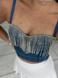 Denim Stones Fringes Bustier