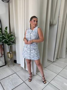 BlueMulti Tweed ButtonFront Dress