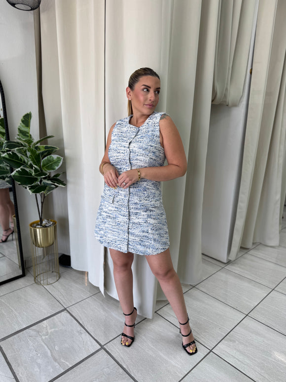 BlueMulti Tweed ButtonFront Dress
