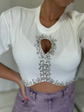 White Rhinestones Crop Top