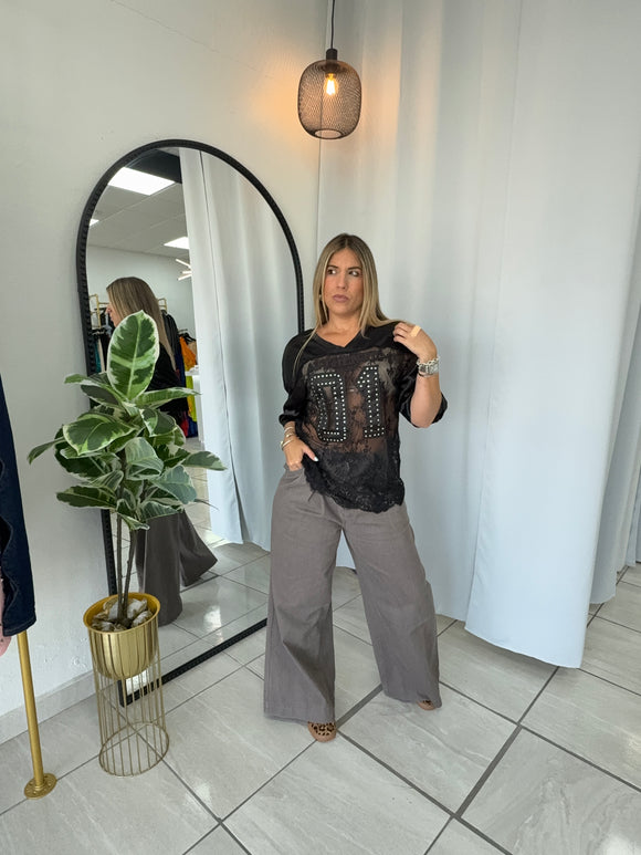 Gray Pleated WideLeg Jeans