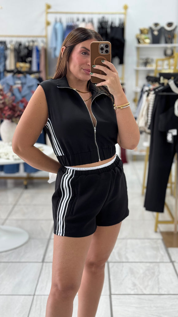 Black Stripes Zipper Top & Shorts Set