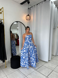 White & Floral Blue Backless Dress