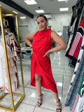 Red HighNeck Midi Dress