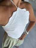 White Eyelet Scallop Halter Top