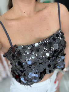 Charcoal Sequin Spaghetti Crop Top