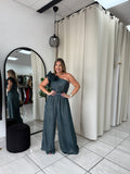 HunterGreen Pleated OneShoulder Jumpsuit