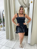 Black Satin Puff Dress