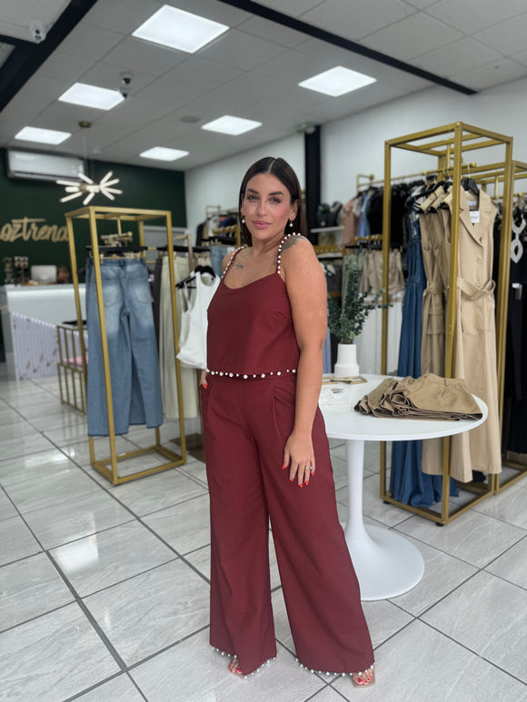 Oxblood Pearls Top & Pants Set