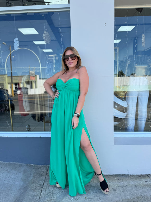 Green Strapless Smocking Back Jumpsuit