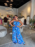Blue Leaves Ruffled Top & Pants Set
